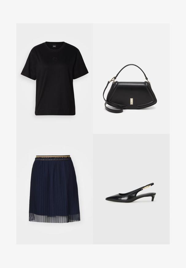 Fekete pamut póló kerek nyakkivágással, rövid ujjakkal és hímzett logóval a mellkasán. Egyszerű, laza szabás, minta nélkül.; Tengerészkék pliszírozott szoknya texturált hálós anyagból, kontrasztos derékkal és áttetsző szegéllyel.; Fekete bőr slingback magassarkúk, hegyes orral, vékony sarkakkal és arany színű részlettel a állítható pánton. Simа felület.; Fekete bőr kézitáska, strukturált dizájnnal, rövidített formával, felső fogantyúval és arany színű kiegészítőkkel. Állítható vállpánt is tartozik hozzá.