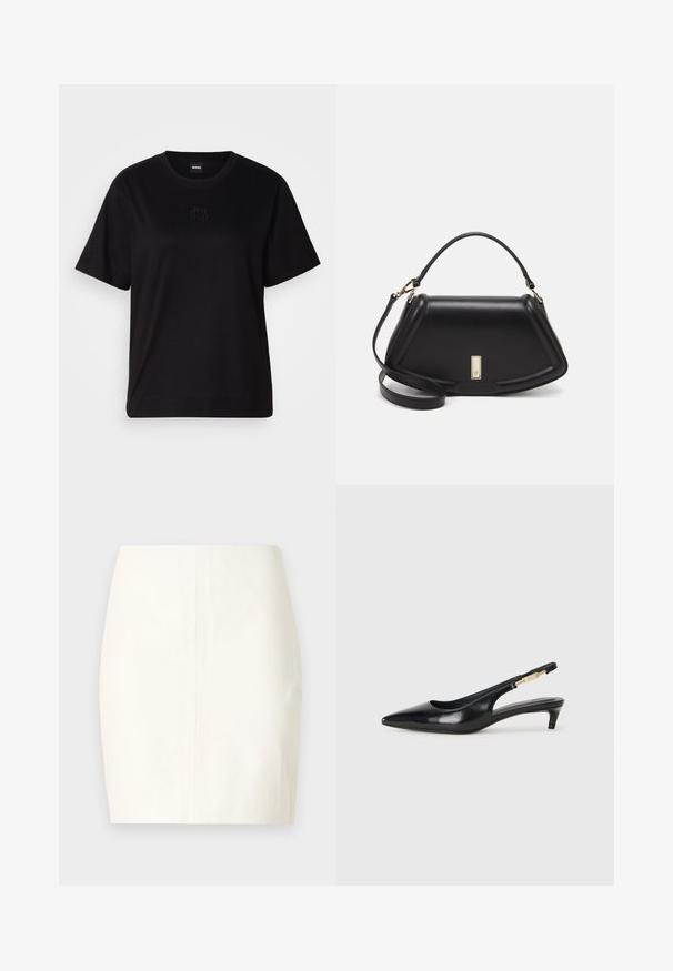 Melna kokvilnas T-krekls ar apaļu izgriezumu, īsām piedurknēm un izšūtu logotipu uz krūtīm. Vienkāršs, brīvs piegriezums bez rakstiem.; Baltas, pieguļošs mini svārku ar gludu tekstūru, kuram ir priekšējā šuvē un tīras malas. Izstrādāts vienkāršai, mūsdienīgai siluetam.; Melnas ādas slingback zābaki ar smailu purngalu, ar šauru papēdi un zelta krāsas akcentu uz regulējama siksniņas. Gluda tekstūra.; Melnas ādas roku soma ar struktūru, ar īsu formu, augšējo rokturi un zelta aksesuāriem. Iekļauta regulējama plecu siksna.