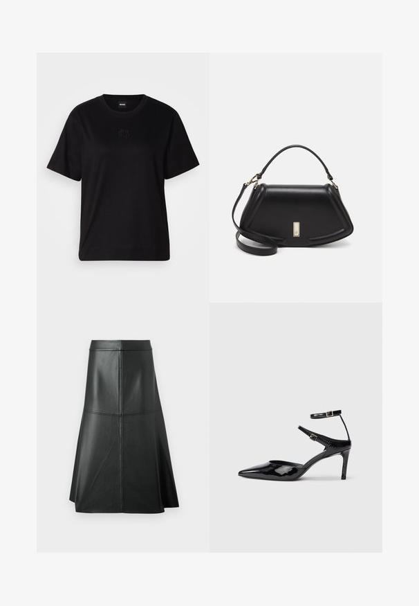 Black cotton t-shirt with a crew neckline, short sleeves, and an embroidered logo on the chest. Simple, relaxed fit with no patterns.; Black leather A-line skirt, smooth texture, mid-calf length, features horizontal stitching detail at the waist and seams for added structure.; Black patent leather heels with a pointed toe, adjustable ankle straps, and a slender heel. Smooth texture with a shiny finish.; Black leather handbag with a structured design, featuring a cropped shape, top handle, and gold hardware accent. Adjustable shoulder strap included.