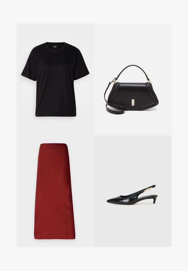 Svart bomull T-skjorte med rund hals, korte ermer og et brodert logo på brystet. Enkel, avslappet passform uten mønstre.; Burgunderfarget midi-skjørt med en jevn tekstur, rett silhuett og uten synlige lukkinger eller mønster. Lengden når under knærne.; Sorte lærreim hæler med spiss tå, som har en slank hæl og en gullfarget detalj på den justerbare stroppen. Glatt tekstur.; Sort lærveske med en strukturert design, som har en avkortet form, topphåndtak og detaljer i gull. Justerbar skulderstropp inkludert.