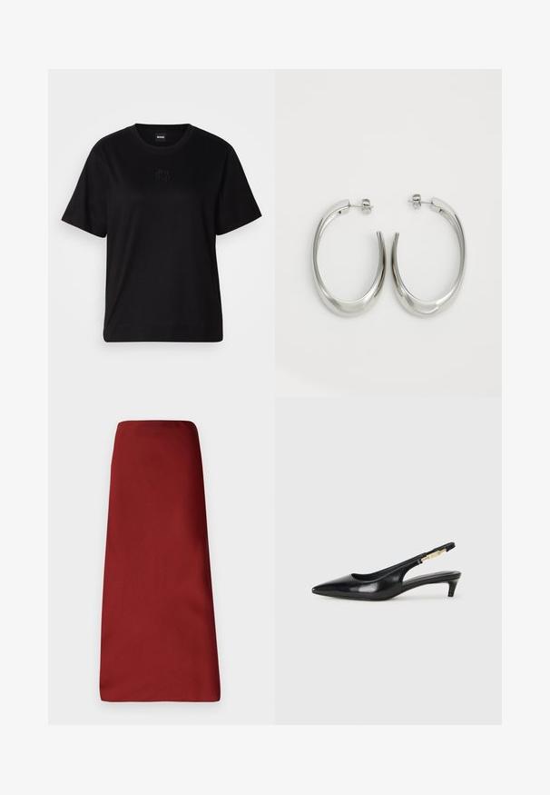 Juodas medvilninis marškinėliai su apvalia iškirpte, trumpomis rankovėmis ir siuvinėjimu ant krūtinės. Paprastas, laisvas siluetas be raštų.; Burgundi midi sijonas su lygia tekstūra, tiesia siluetu ir be matomų užsegimų ar raštų. Ilgis siekia žemiau kelių.; Juodas odinis pavasario batelių modelis su smailiu nosiu, turintis siaurą kulniuką ir auksinės spalvos akcentu reguliuojamoje juostoje. Lygi tekstūra.; Sidabriniai apvalūs auskarai su lygiu, išlenktu dizainu. Yra blizgus metalinis paviršius ir smeigtukų uždarymas. Nėra matomų raštų ar akcentų.