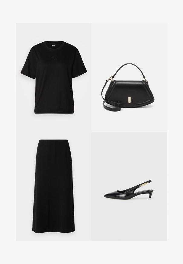 Schwarzes Baumwoll-T-Shirt mit Rundhalsausschnitt, kurzen Ärmeln und aufgesticktem Logo auf der Brust. Einfacher, lässiger Schnitt ohne Muster.; Schwarzer Maxirock mit einer glatten, weichen Textur und einem elastischen Bund. Einfacher, gerader Schnitt ohne sichtbare Muster oder Verzierungen.; Schwarze Leder-Slingback-Pumps mit spitzem Schuhblatt, ausgestattet mit einem schlanken Absatz und einem goldfarbigen Akzent am verstellbaren Riemen. Glatte Textur.; Schwarze Lederhandtasche mit einem strukturierten Design, das eine verkürzte Form, einen oberen Griff und goldfarbene Hardware-Details aufweist. Verstellbarer Schulterriemen ist enthalten.
