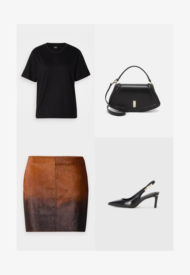 Fekete pamut póló kerek nyakkivágással, rövid ujjakkal és hímzett logóval a mellkasán. Egyszerű, laza szabás, minta nélkül.; Barna árnyalatú, mini szoknya, puha anyagból készült, sima textúrával, testhezálló szabással és precíz varrással a széleken.; Fekete bőr, slingback magas sarkú cipő, hegyes orral, sima textúrával és keskeny bokapánttal, arany fémrészletekkel.; Fekete bőr kézitáska, strukturált dizájnnal, rövidített formával, felső fogantyúval és arany színű kiegészítőkkel. Állítható vállpánt is tartozik hozzá.