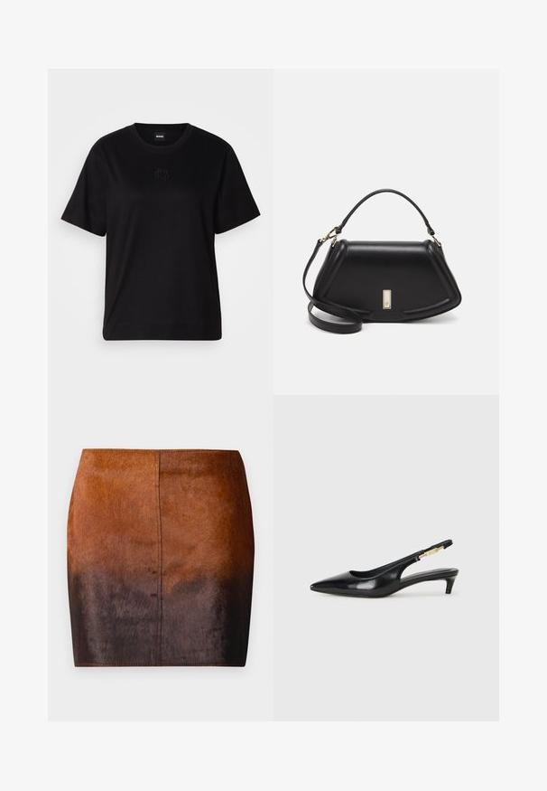 Zwarte katoenen t-shirt met een ronde hals, korte mouwen en een geborduurd logo op de borst. Eenvoudige, comfortabele pasvorm zonder patronen.; Bruine gradient mini rok gemaakt van zachte material, met een gladde textuur, een aangesloten silhouet en nauwkeurige stiksels langs de randen.; Zwarte leren slingback hakken met een spitse neus, voorzien van een slanke hak en een goudkleurige accent op de verstelbare band. Gladde textuur.; Zwarte leren handtas met een gestructureerd ontwerp, featuring een verkorte vorm, bovenhandvat en gouden hardwareaccent. Inclusief verstelbare schouderband.