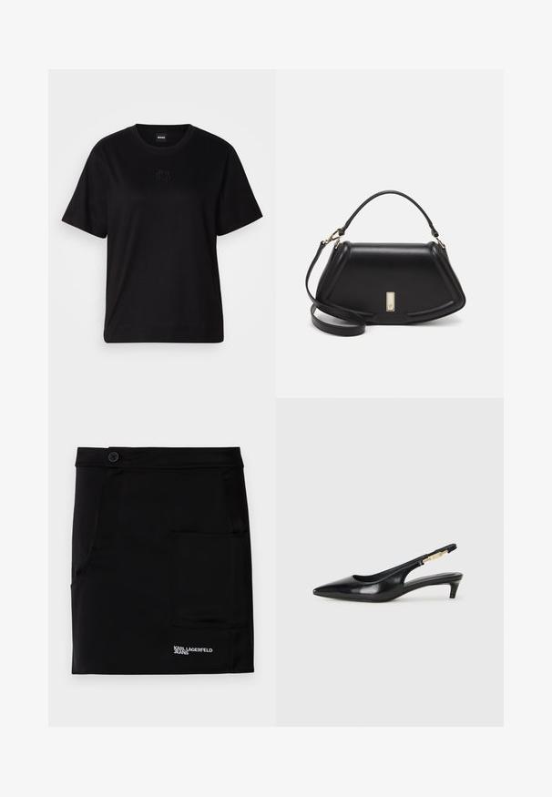 Fekete pamut póló kerek nyakkivágással, rövid ujjakkal és hímzett logóval a mellkasán. Egyszerű, laza szabás, minta nélkül.; Fekete szoknya nadrág sima anyagból, elülső gombbal, oldalsó zsebbel és fehér "KARL LAGERFELD JEANS" logóval az alján.; Fekete bőr slingback magassarkúk, hegyes orral, vékony sarkakkal és arany színű részlettel a állítható pánton. Simа felület.; Fekete bőr kézitáska, strukturált dizájnnal, rövidített formával, felső fogantyúval és arany színű kiegészítőkkel. Állítható vállpánt is tartozik hozzá.