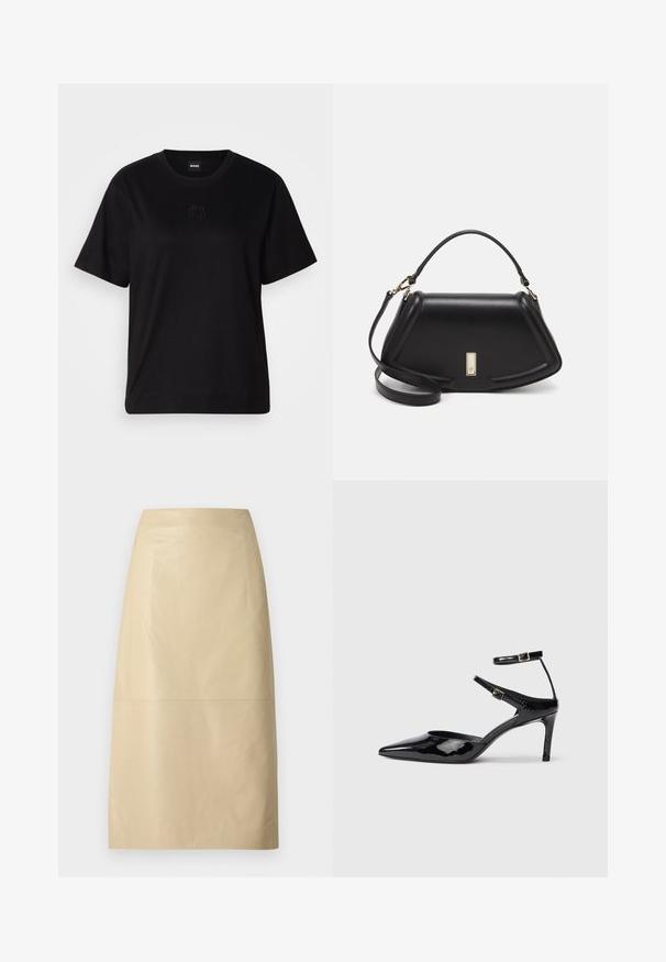 Fekete pamut póló kerek nyakkivágással, rövid ujjakkal és hímzett logóval a mellkasán. Egyszerű, laza szabás, minta nélkül.; Beige bőr ceruza szoknya sima textúrával, középhosszú sziluettel és minimalista dizájnnal. Középen varrással díszített.; Fekete lakkbőr magassarkú cipők hegyes orral, állítható bokapánttal és vékony sarokkal. Simább textúra fényes kivitelben.; Fekete bőr kézitáska, strukturált dizájnnal, rövidített formával, felső fogantyúval és arany színű kiegészítőkkel. Állítható vállpánt is tartozik hozzá.