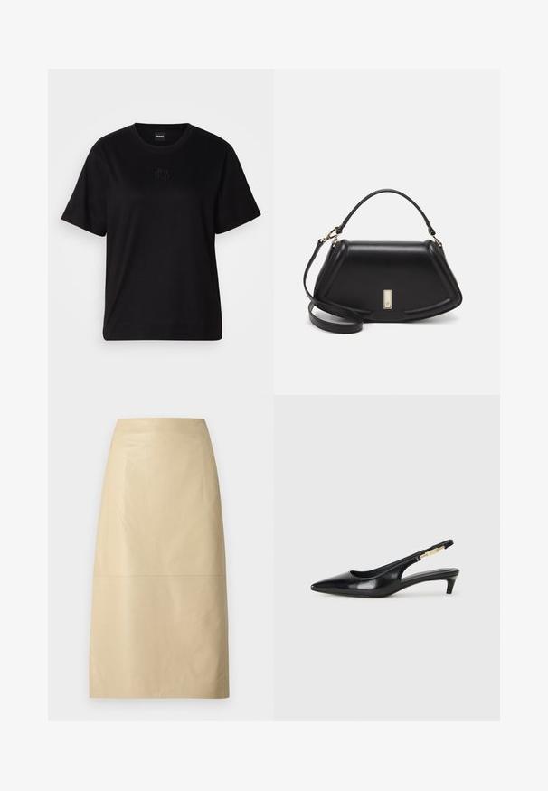 Črna bombažna majica s krožnim izrezom, kratkimi rokavi in izvezenim logotipom na prsih. Preprosta, sproščena silhueta brez vzorcev.; Bež krilna krila iz usnja z gladko teksturo, srednje dolžine in minimalističnim dizajnom. Ima šivno podrobnost na sredini.; Črne usnjene sandale na peto z ostro konico, ki imajo tanko peto in zlat ton na nastavljivem traku. Gladka tekstura.; Črna usnjena torbica s strukturnim dizajnom, ki ima skrajšano obliko, zgornji ročaj in zlate dodatke. Vključena je nastavljiva ramenska naramnica.