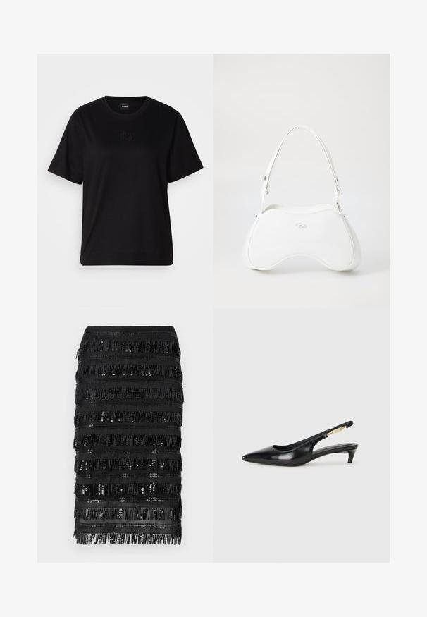 Fekete pamut póló kerek nyakkivágással, rövid ujjakkal és hímzett logóval a mellkasán. Egyszerű, laza szabás, minta nélkül.; Fekete frufrusz szoknya, flitterekkel, amely rétegezett vízszintes anyagsorokkal és csillogó részletekkel rendelkezik a textúra és az apró részletek kiemelésére.; Fekete bőr slingback magassarkúk, hegyes orral, vékony sarkakkal és arany színű részlettel a állítható pánton. Simа felület.; Fehér kézitáska sima, fényes felülettel, ívelt formával és egy állítható pánttal. Előoldalán domború logó található.