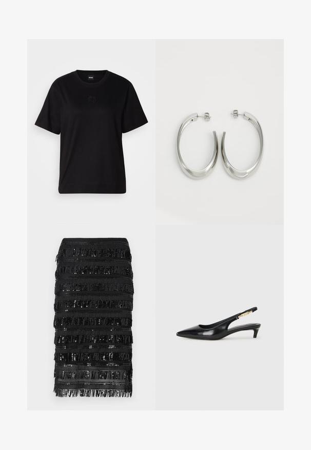 Melna kokvilnas T-krekls ar apaļu izgriezumu, īsām piedurknēm un izšūtu logotipu uz krūtīm. Vienkāršs, brīvs piegriezums bez rakstiem.; Melnā frizūru mini svārki ar paildzinājumiem, kas piedāvā slāņveida horizontālas auduma joslas un mirdzošas akcentus tekstūras un detaļu radīšanai.; Melnas ādas slingback zābaki ar smailu purngalu, ar šauru papēdi un zelta krāsas akcentu uz regulējama siksniņas. Gluda tekstūra.; Sudraba riņķveida auskari ar gludu, izliekta dizaina formu. Iezīmējas ar spīdīgu metāla apdari un pievienojamu aizdari. Nav redzamu rakstu vai akcentu.