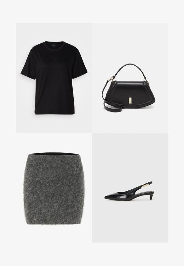 Svart bomullströja med rund halsringning, korta ärmar och en broderad logotyp på bröstet. Enkel, avslappnad passform utan mönster.; Grå filt kjol med en mjuk, texturerad yta. Rakt snitt, medelhögt midjeband och utan synlig hårdvara eller mönster.; Svart läder slingback-hälar med spetsig tå, med en smal klack och en guldtonad detalj på den justerbara remmen. Slät textur.; Svart läderhandväska med en strukturerad design, som har en avskuren form, ett handtag upptill och guldiga detaljer. Justerbar axelrem ingår.