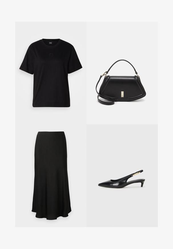 Juodas medvilninis marškinėliai su apvalia iškirpte, trumpomis rankovėmis ir siuvinėjimu ant krūtinės. Paprastas, laisvas siluetas be raštų.; Juoda, plazdanti midi sijonas, pagamintas iš minkštos medžiagos. Turi lygų diržą ir šiek tiek platėjantį kraštą su elegantiška siluetu.; Juodas odinis pavasario batelių modelis su smailiu nosiu, turintis siaurą kulniuką ir auksinės spalvos akcentu reguliuojamoje juostoje. Lygi tekstūra.; Juoda odinė rankinė su struktūrizuotu dizainu, turi trumpą formą, viršutinę rankeną ir auksinius akcentus. Pridėtas reguliuojamas peties diržas.