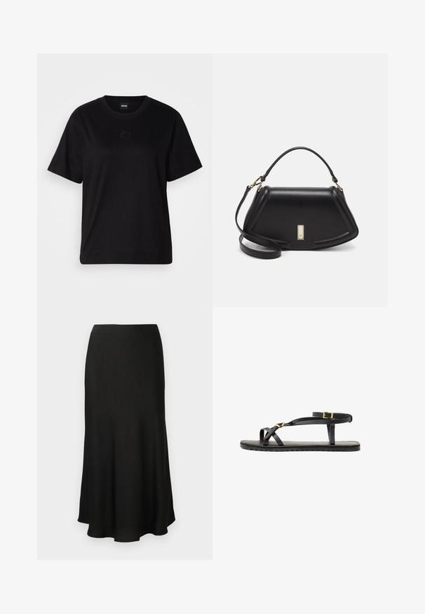 Sort bomulds t-shirt med rund halsudskæring, korte ærmer og et broderet logo på brystet. Enkel, afslappet pasform uden mønstre.; Sort, flydende midi-nederdel lavet af blødt stof. Har en glat talje og en let udvidet kant med en elegant silhuet.; Sorte lædersandaler med tynde stropper og en spændet ankelrem. Flad sål med en tekstureret overflade og zigzag kant. Minimalistisk design.; Sort læderhåndtaske med en struktureret design, der har en kortet form, tophåndtag og guld hardware-accenter. Justerbar skulderrem inkluderet.