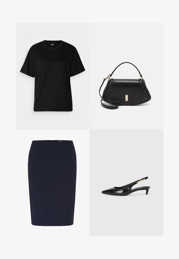 Musta puuvillapaita, jossa on pyöreä kaula-aukko, lyhyet hihat ja brodeerattu logo rinnassa. Yksinkertainen, rento istuvuus ilman kuvioita.; Mekko sinistä sävyä, joka on valmistettu sileästä kankaasta. Siinä on läheltä istuva muotoilu, keskipitkä leikkaus ja piilotettu takavyö. Ei näkyviä kuvioita.; Mustat nahkaiset slingback-korkokengät, joissa on terävä kärki, ohuet korot ja kultasävytteinen yksityiskohta säädettävässä hihnassa. Silkkinen pinta.; Mustalla nahkalaukulla, jossa on jämäkkä muotoilu, lyhyt malli, yläkahva ja kultaiset yksityiskohdat. Säädettävä olkahihna sisältyy.