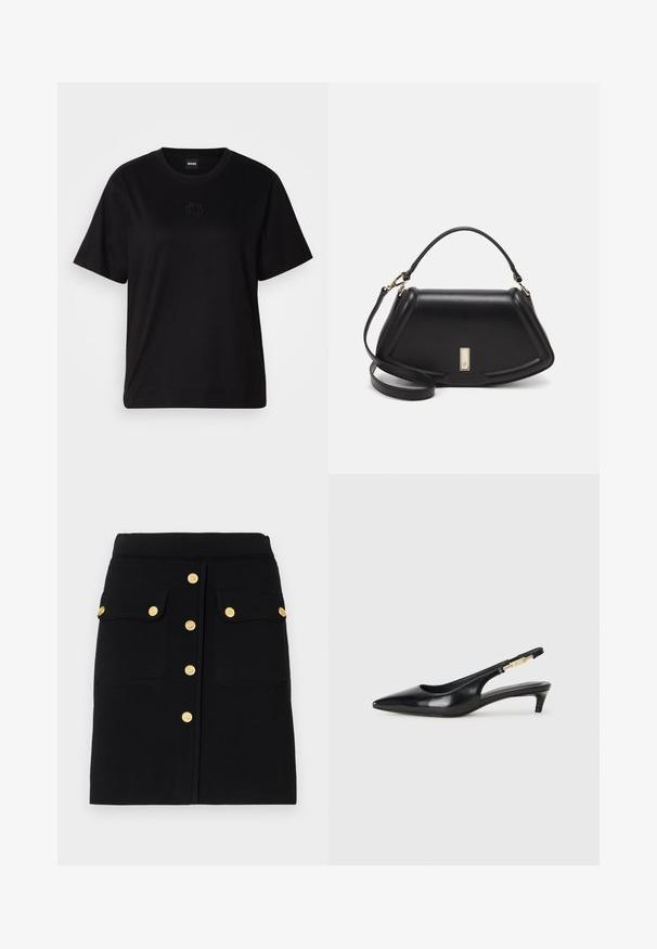 Svart bomull T-skjorte med rund hals, korte ermer og et brodert logo på brystet. Enkel, avslappet passform uten mønstre.; Svart skjørt laget av myk stoff med rett kutt, gullknapper langs fronten og to påsydde lommer med klaffelukking.; Sorte lærreim hæler med spiss tå, som har en slank hæl og en gullfarget detalj på den justerbare stroppen. Glatt tekstur.; Sort lærveske med en strukturert design, som har en avkortet form, topphåndtak og detaljer i gull. Justerbar skulderstropp inkludert.