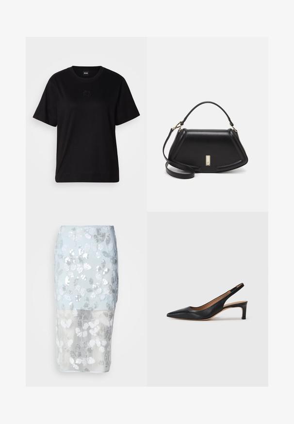 T-shirt negru din bumbac, cu guler rotund, mâneci scurte și un logo brodat pe piept. Design simplu, cu o croială relaxată și fără modele.; Fustă tip creion cu paiete, cu un overlay transparent de culoare albastru deschis și un model floral alb. Are paiete argintii și o siluetă ajustată.; Pantofii slingback din piele neagră, cu vârf ascuțit, toc jos și o textură netedă. Prezintă o curea subțire, ajustabilă, pentru o fixare sigură.; Geantă de umăr din piele neagră, cu un design structurat, având o formă tăiată, mânere superioare și accente din aur. Include o curea de umăr ajustabilă.