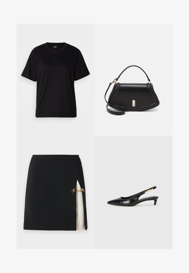 Zwarte katoenen t-shirt met een ronde hals, korte mouwen en een geborduurd logo op de borst. Eenvoudige, comfortabele pasvorm zonder patronen.; Zwarte minirok met een zijsplit die een crèmekleurige onderlaag onthult, voorzien van gouden kettinghardware en een gladde, strakke stofstructuur.; Zwarte leren slingback hakken met een spitse neus, voorzien van een slanke hak en een goudkleurige accent op de verstelbare band. Gladde textuur.; Zwarte leren handtas met een gestructureerd ontwerp, featuring een verkorte vorm, bovenhandvat en gouden hardwareaccent. Inclusief verstelbare schouderband.