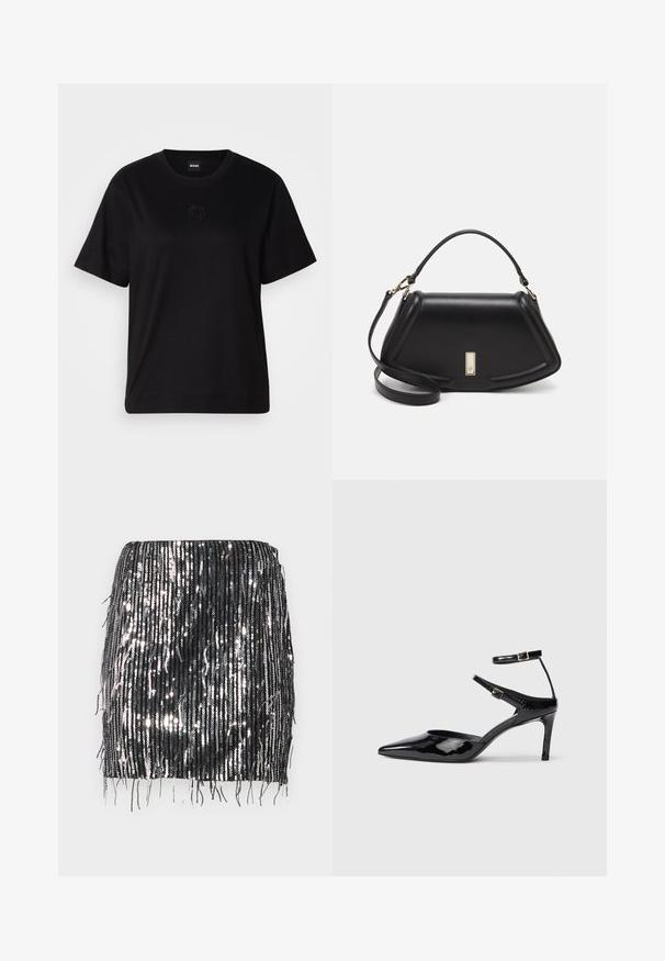 Svart bomull T-skjorte med rund hals, korte ermer og et brodert logo på brystet. Enkel, avslappet passform uten mønstre.; Svart paljett miniskjørt med vertikale frynser, glinsende tekstur og en tettsittende fasong. Hemmen er rett med ujevne frynslengder.; Sorte lakkede hæle med spids tå, justerbare ankelstropper og en slank hæl. Glat tekstur med en skinnende overflade.; Sort lærveske med en strukturert design, som har en avkortet form, topphåndtak og detaljer i gull. Justerbar skulderstropp inkludert.