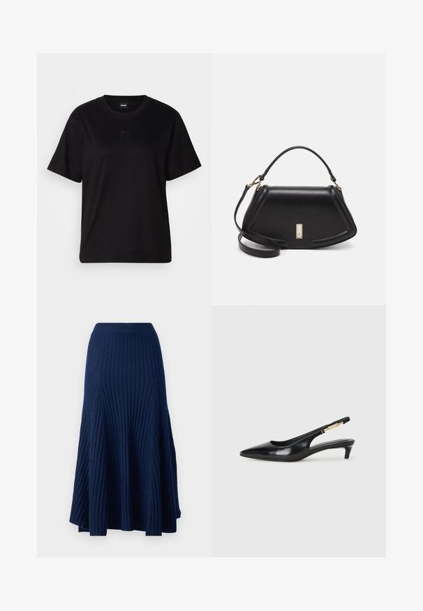 Juodas medvilninis marškinėliai su apvalia iškirpte, trumpomis rankovėmis ir siuvinėjimu ant krūtinės. Paprastas, laisvas siluetas be raštų.; pure cashmere FLARED SKIRT - Trapecinis sijonas - navy; Juodas odinis pavasario batelių modelis su smailiu nosiu, turintis siaurą kulniuką ir auksinės spalvos akcentu reguliuojamoje juostoje. Lygi tekstūra.; Juoda odinė rankinė su struktūrizuotu dizainu, turi trumpą formą, viršutinę rankeną ir auksinius akcentus. Pridėtas reguliuojamas peties diržas.