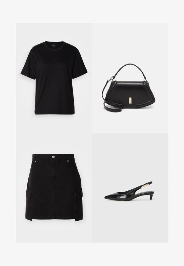 T-shirt en coton noir avec un col rond, des manches courtes et un logo brodé sur la poitrine. Coupe simple et décontractée sans motifs.; Jupe en denim noir avec une silhouette ajustée, fermeture à boutons sur le devant et deux poches cargo sur les côtés. Conçue avec des détails cousus.; Talons hauts en cuir noir avec un bout pointu, dotés d'un talon fin et d'un accent en ton or sur la lanière réglable. Texture lisse.; Sac à main en cuir noir avec un design structuré, featuring une forme cropped, une poignée supérieure et des accents en matériel doré. Bandoulière réglable incluse.