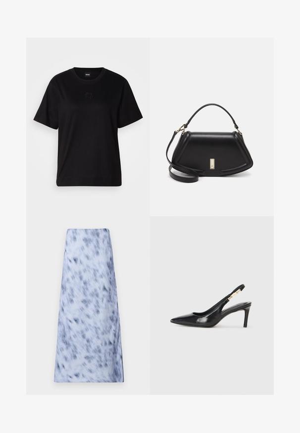 Črna bombažna majica s krožnim izrezom, kratkimi rokavi in izvezenim logotipom na prsih. Preprosta, sproščena silhueta brez vzorcev.; Dolga, svetlo modra krila z zamegljenim, temno modrim vzorcem. Tkanina se zdi mehka z gladko teksturo in preprostim dizajnom.; Črne usnjene sandale na visoki peti s koničastim nosom, gladko teksturo in ožjim gležnjarjem, ki ima zlate kovinske dodatke.; Črna usnjena torbica s strukturnim dizajnom, ki ima skrajšano obliko, zgornji ročaj in zlate dodatke. Vključena je nastavljiva ramenska naramnica.