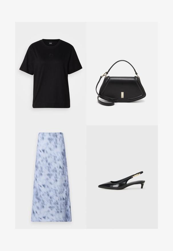 Musta puuvillapaita, jossa on pyöreä kaula-aukko, lyhyet hihat ja brodeerattu logo rinnassa. Yksinkertainen, rento istuvuus ilman kuvioita.; Pitkä, vaaleansininen hame, jossa on sumea tummansininen kuvio. Kangas näyttää pehmeältä ja siinä on sileä rakenne sekä yksinkertainen muotoilu.; Mustat nahkaiset slingback-korkokengät, joissa on terävä kärki, ohuet korot ja kultasävytteinen yksityiskohta säädettävässä hihnassa. Silkkinen pinta.; Mustalla nahkalaukulla, jossa on jämäkkä muotoilu, lyhyt malli, yläkahva ja kultaiset yksityiskohdat. Säädettävä olkahihna sisältyy.