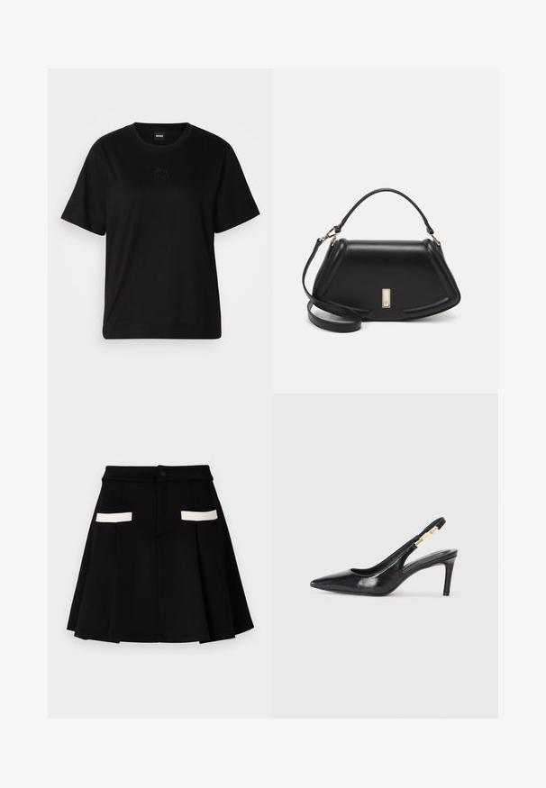 Fekete pamut póló kerek nyakkivágással, rövid ujjakkal és hímzett logóval a mellkasán. Egyszerű, laza szabás, minta nélkül.; Fekete szoknya bővülő fazonnal, két elülső zsebbel, fehér díszítéssel, gombos zárással és sima szövetfelülettel.; Fekete bőr, slingback magas sarkú cipő, hegyes orral, sima textúrával és keskeny bokapánttal, arany fémrészletekkel.; Fekete bőr kézitáska, strukturált dizájnnal, rövidített formával, felső fogantyúval és arany színű kiegészítőkkel. Állítható vállpánt is tartozik hozzá.