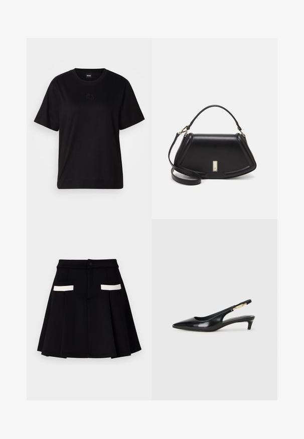 Camiseta de algodón negra con cuello redondo, mangas cortas y un logo bordado en el pecho. Ajuste simple y relajado sin patrones.; Falda negra con un diseño acampanado, que presenta dos bolsillos frontales con acentos en blanco, un cierre de botón y una textura de tela suave.; Tacones negros de piel sintética tipo slingback con punta afilada, que cuentan con un tacón delgado y un detalle en tono dorado en la correa ajustable. Textura suave.; Bolso de mano de cuero negro con un diseño estructurado, que presenta una forma recortada, asa superior y acentos en dorado. Correa de hombro ajustable incluida.