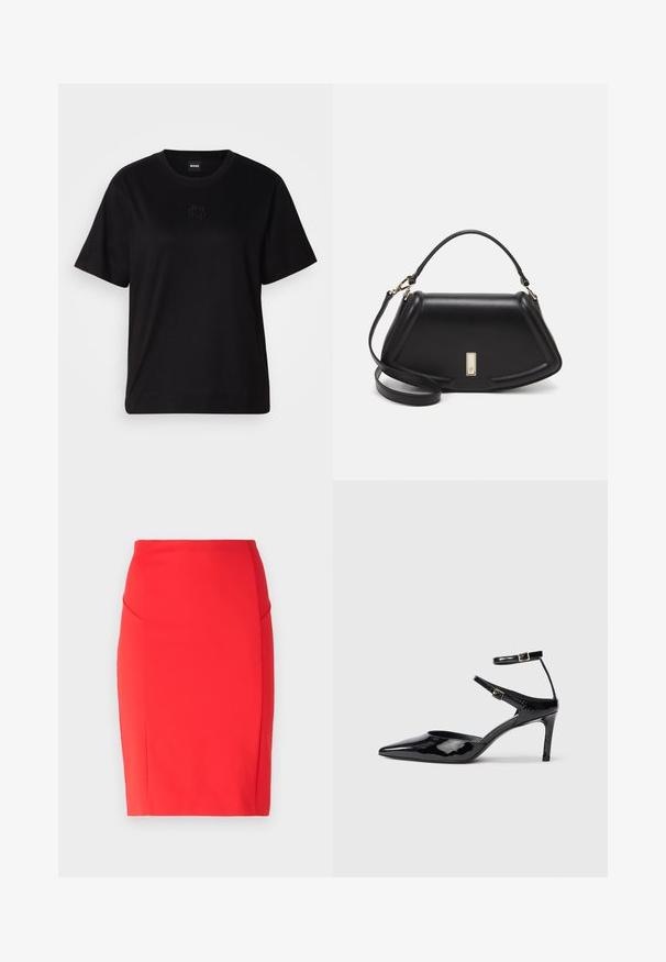 T-shirt negru din bumbac, cu guler rotund, mâneci scurte și un logo brodat pe piept. Design simplu, cu o croială relaxată și fără modele.; Patrizia Pepe GONNA SKIRT - Fustă tip creion - glam red; Cizme cu toc din piele lacuită neagră, cu vârf ascuțit, curele reglabile la gleznă și un toc subțire. Textură netedă cu un finisaj lucios.; Geantă de umăr din piele neagră, cu un design structurat, având o formă tăiată, mânere superioare și accente din aur. Include o curea de umăr ajustabilă.