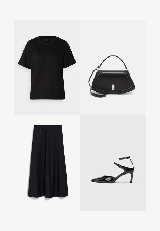 T-shirt negru din bumbac, cu guler rotund, mâneci scurte și un logo brodat pe piept. Design simplu, cu o croială relaxată și fără modele.; Fustă neagră, până la genunchi, cu un design larg și fluid. Prezintă un talie plată în față și un detaliu cu un singur nasture la buzunarul frontal.; Cizme cu toc din piele lacuită neagră, cu vârf ascuțit, curele reglabile la gleznă și un toc subțire. Textură netedă cu un finisaj lucios.; Geantă de umăr din piele neagră, cu un design structurat, având o formă tăiată, mânere superioare și accente din aur. Include o curea de umăr ajustabilă.