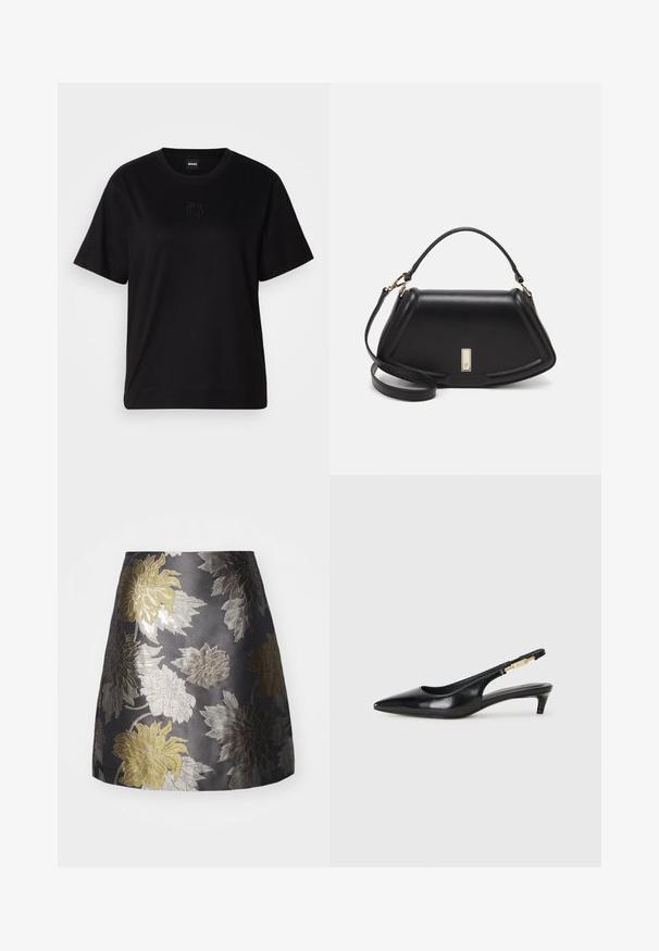 T-shirt en coton noir avec un col rond, des manches courtes et un logo brodé sur la poitrine. Coupe simple et décontractée sans motifs.; Jupe brodée florale en gris foncé, présentant des motifs de fleurs argentées et dorées, texture lisse et design ajusté avec un ourlet évasé.; Talons hauts en cuir noir avec un bout pointu, dotés d'un talon fin et d'un accent en ton or sur la lanière réglable. Texture lisse.; Sac à main en cuir noir avec un design structuré, featuring une forme cropped, une poignée supérieure et des accents en matériel doré. Bandoulière réglable incluse.