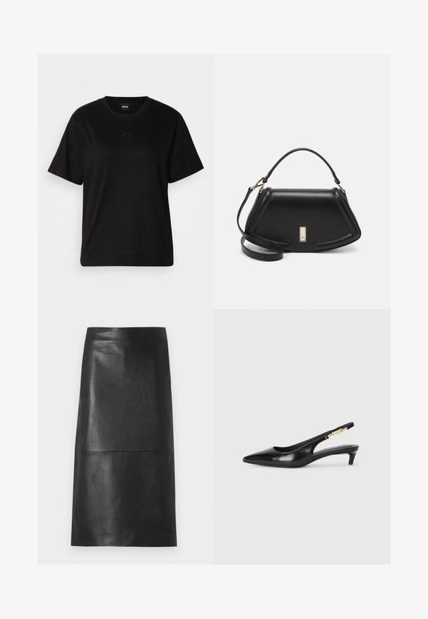 Melna kokvilnas T-krekls ar apaļu izgriezumu, īsām piedurknēm un izšūtu logotipu uz krūtīm. Vienkāršs, brīvs piegriezums bez rakstiem.; Melna ādas midi svārki ar gludu tekstūru un taisnu dizainu. Iezīmēta ar šuvju detaļām jostā un sānu šķēlum. Minimalistisks stils.; Melnas ādas slingback zābaki ar smailu purngalu, ar šauru papēdi un zelta krāsas akcentu uz regulējama siksniņas. Gluda tekstūra.; Melnas ādas roku soma ar struktūru, ar īsu formu, augšējo rokturi un zelta aksesuāriem. Iekļauta regulējama plecu siksna.