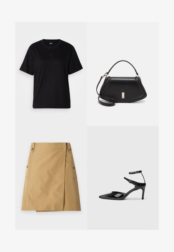 T-shirt en coton noir avec un col rond, des manches courtes et un logo brodé sur la poitrine. Coupe simple et décontractée sans motifs.; Jupe beige en tissu lisse avec un revêtement avant, dotée de deux poches latérales et de deux boutons à la taille.; Talons en cuir verni noir avec un bout pointu, des sangles de cheville ajustables et un talon fin. Texture lisse avec une finition brillante.; Sac à main en cuir noir avec un design structuré, featuring une forme cropped, une poignée supérieure et des accents en matériel doré. Bandoulière réglable incluse.