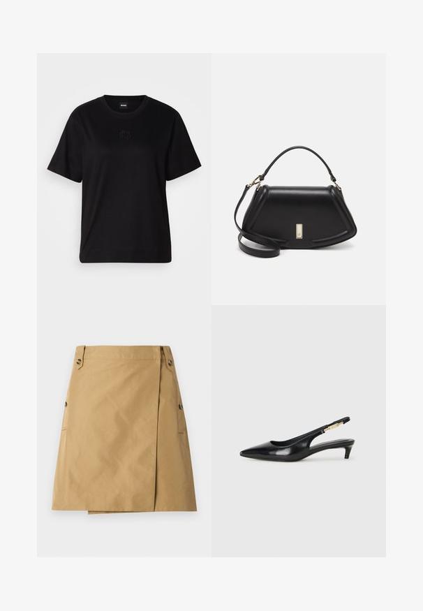 Zwarte katoenen t-shirt met een ronde hals, korte mouwen en een geborduurd logo op de borst. Eenvoudige, comfortabele pasvorm zonder patronen.; Tan rok van een gladde stof met een vooroverlap, voorzien van twee zijzakken en twee knopen op de tailleband.; Zwarte leren slingback hakken met een spitse neus, voorzien van een slanke hak en een goudkleurige accent op de verstelbare band. Gladde textuur.; Zwarte leren handtas met een gestructureerd ontwerp, featuring een verkorte vorm, bovenhandvat en gouden hardwareaccent. Inclusief verstelbare schouderband.