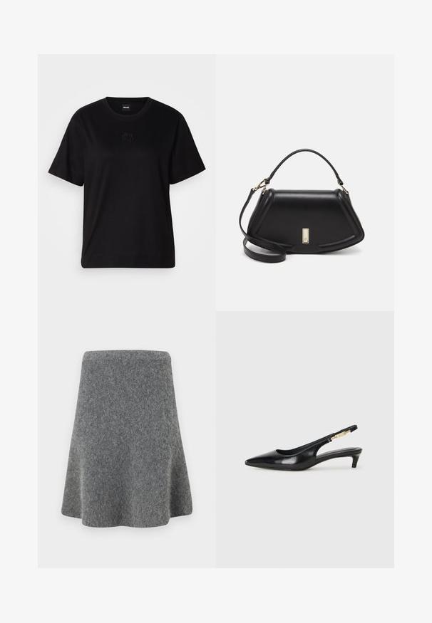 Fekete pamut póló kerek nyakkivágással, rövid ujjakkal és hímzett logóval a mellkasán. Egyszerű, laza szabás, minta nélkül.; Szürke A-vonalú szoknya puha, texturált anyagból. Feszes derekú és bővülő aljú, sima sziluettet biztosít.; Fekete bőr slingback magassarkúk, hegyes orral, vékony sarkakkal és arany színű részlettel a állítható pánton. Simа felület.; Fekete bőr kézitáska, strukturált dizájnnal, rövidített formával, felső fogantyúval és arany színű kiegészítőkkel. Állítható vállpánt is tartozik hozzá.