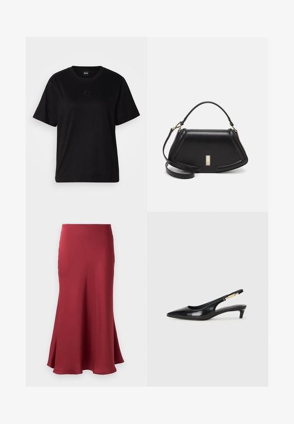 Fekete pamut póló kerek nyakkivágással, rövid ujjakkal és hímzett logóval a mellkasán. Egyszerű, laza szabás, minta nélkül.; Burgundi selyem szoknya sima textúrával, bővülő siluettel és térd alá érő szegéllyel. Nincs látható fémalkatrész vagy minta.; Fekete bőr slingback magassarkúk, hegyes orral, vékony sarkakkal és arany színű részlettel a állítható pánton. Simа felület.; Fekete bőr kézitáska, strukturált dizájnnal, rövidített formával, felső fogantyúval és arany színű kiegészítőkkel. Állítható vállpánt is tartozik hozzá.