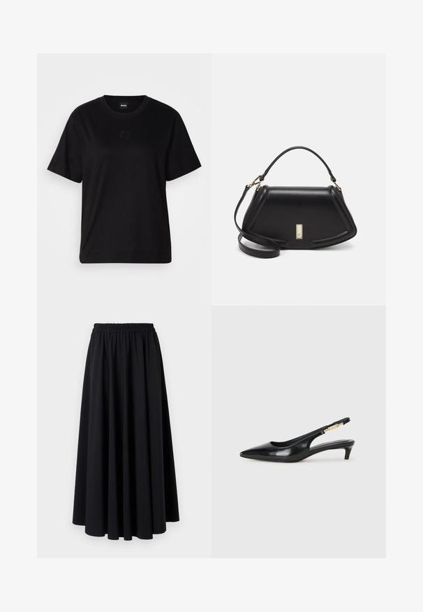 Camiseta de algodón negra con cuello redondo, mangas cortas y un logo bordado en el pecho. Ajuste simple y relajado sin patrones.; Falda negra, hasta el suelo, hecha de un tejido suave con una amplia cintura elástica fruncida y un diseño liso y fluido. Sin patrones ni acentos.; Tacones negros de piel sintética tipo slingback con punta afilada, que cuentan con un tacón delgado y un detalle en tono dorado en la correa ajustable. Textura suave.; Bolso de mano de cuero negro con un diseño estructurado, que presenta una forma recortada, asa superior y acentos en dorado. Correa de hombro ajustable incluida.