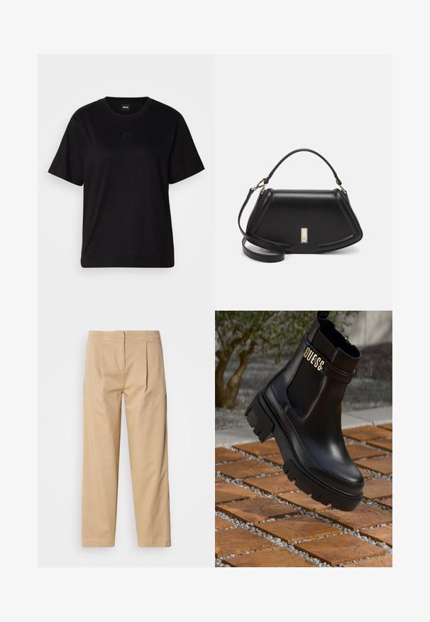 Schwarzes Baumwoll-T-Shirt mit Rundhalsausschnitt, kurzen Ärmeln und aufgesticktem Logo auf der Brust. Einfacher, lässiger Schnitt ohne Muster.; Beige Baumwollhosen mit relaxed Fit, zwei vorderen Falten, geradem Bein und klassischem Knopfverschluss am Bund.; Schwarze Leder-Ankle-Boots mit einer groben Gummisohle, elastischen seitlichen Einsätzen und einem goldenen Akzent mit "GUESS"-Markierung.; Schwarze Lederhandtasche mit einem strukturierten Design, das eine verkürzte Form, einen oberen Griff und goldfarbene Hardware-Details aufweist. Verstellbarer Schulterriemen ist enthalten.