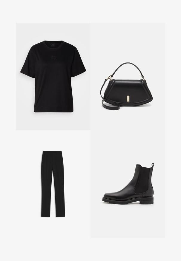 Black cotton t-shirt with a crew neckline, short sleeves, and an embroidered logo on the chest. Simple, relaxed fit with no patterns.; Black tailored trousers with a straight-leg design, featuring front pockets and a smooth, textured fabric. Neat, minimal detailing.; Black leather ankle boot with elastic side panels, a low stacked heel, and a pull tab on the back. Smooth texture and sleek design.; Black leather handbag with a structured design, featuring a cropped shape, top handle, and gold hardware accent. Adjustable shoulder strap included.