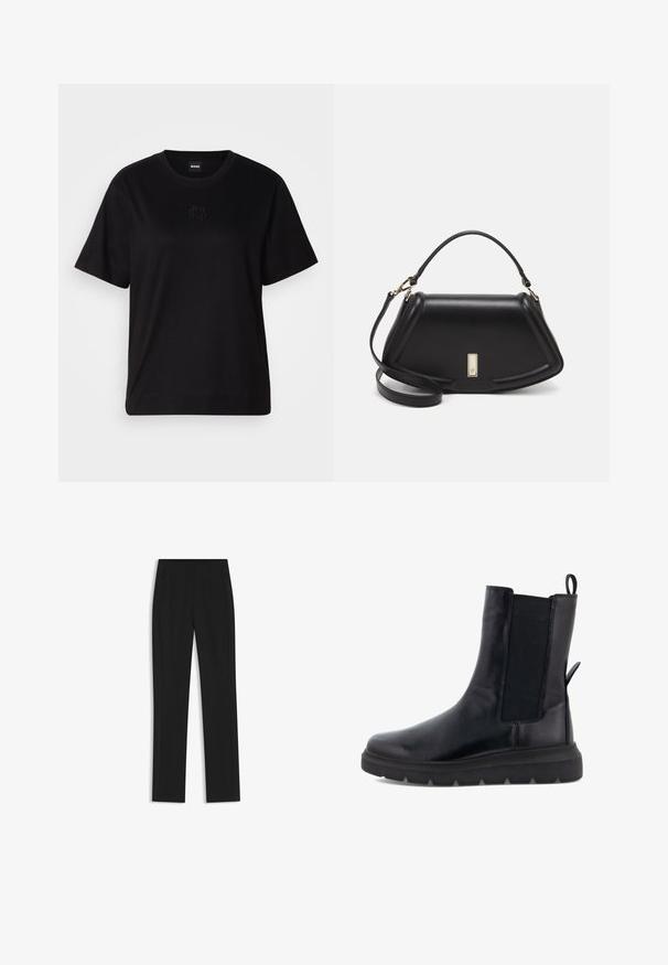 Schwarzes Baumwoll-T-Shirt mit Rundhalsausschnitt, kurzen Ärmeln und aufgesticktem Logo auf der Brust. Einfacher, lässiger Schnitt ohne Muster.; Schwarze maßgeschneiderte Hose mit geradem Bein, ausgestattet mit Fronttaschen und einem glatten, strukturierten Stoff. Saubere, minimale Details.; Schwarze Knöchelstiefel aus glattem Leder mit elastischen Seitenpaneelen, einer Zugschlaufe an der Rückseite und einer dicken Gummisohle.; Schwarze Lederhandtasche mit einem strukturierten Design, das eine verkürzte Form, einen oberen Griff und goldfarbene Hardware-Details aufweist. Verstellbarer Schulterriemen ist enthalten.