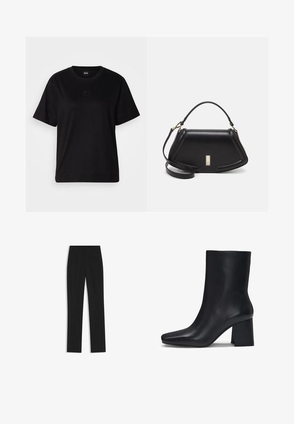 Schwarzes Baumwoll-T-Shirt mit Rundhalsausschnitt, kurzen Ärmeln und aufgesticktem Logo auf der Brust. Einfacher, lässiger Schnitt ohne Muster.; Schwarze maßgeschneiderte Hose mit geradem Bein, ausgestattet mit Fronttaschen und einem glatten, strukturierten Stoff. Saubere, minimale Details.; HUGO ARIEL NAPU - Stiefelette - black; Schwarze Lederhandtasche mit einem strukturierten Design, das eine verkürzte Form, einen oberen Griff und goldfarbene Hardware-Details aufweist. Verstellbarer Schulterriemen ist enthalten.