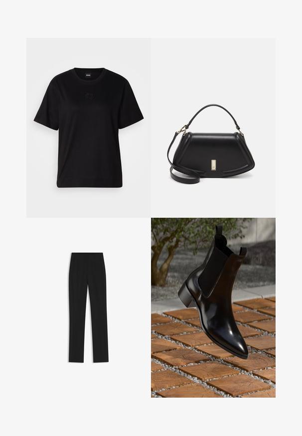 Black cotton t-shirt with a crew neckline, short sleeves, and an embroidered logo on the chest. Simple, relaxed fit with no patterns.; Black tailored trousers with a straight-leg design, featuring front pockets and a smooth, textured fabric. Neat, minimal detailing.; Black leather Chelsea boot with a pointed toe, elastic side panels, and a chunky heel, resting above a stone and wood patterned surface.; Black leather handbag with a structured design, featuring a cropped shape, top handle, and gold hardware accent. Adjustable shoulder strap included.