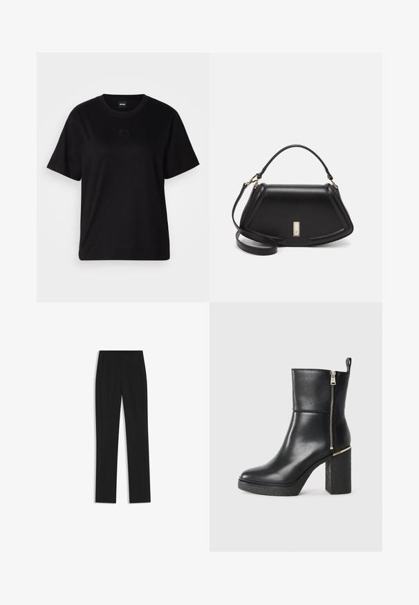 Camiseta de algodón negra con cuello redondo, mangas cortas y un logo bordado en el pecho. Ajuste simple y relajado sin patrones.; Pantalones de traje negros con un diseño de pierna recta, que cuentan con bolsillos delanteros y una tela suave y texturizada. Detalles limpios y minimalistas.; Botín negro de tobillo hecho de cuero suave, con cremallera lateral y un tacón bloque texturizado. Diseño de deslizamiento con punta redondeada.; Bolso de mano de cuero negro con un diseño estructurado, que presenta una forma recortada, asa superior y acentos en dorado. Correa de hombro ajustable incluida.