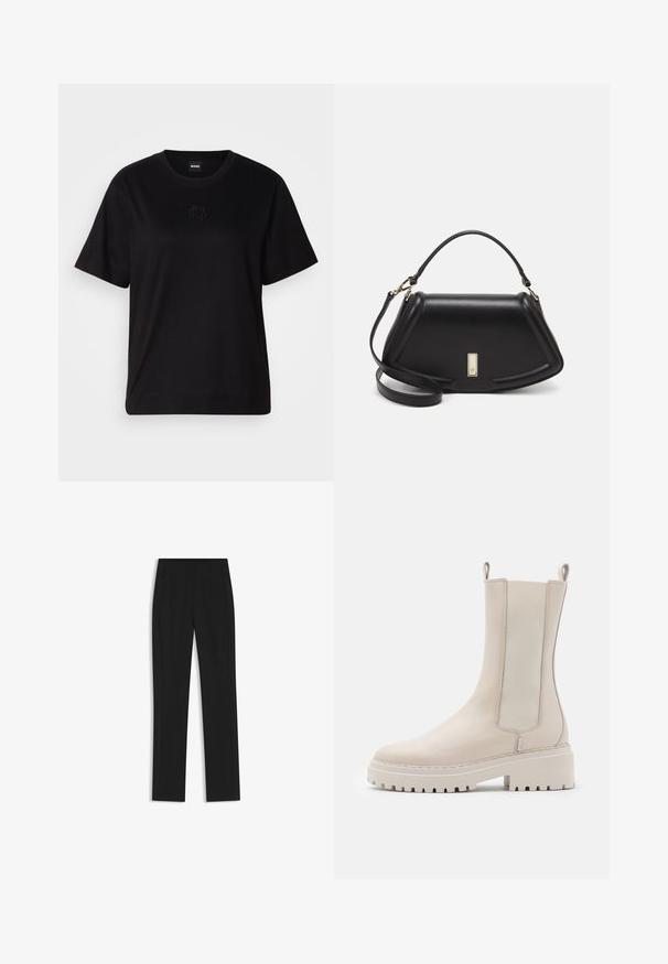 Black cotton t-shirt with a crew neckline, short sleeves, and an embroidered logo on the chest. Simple, relaxed fit with no patterns.; Black tailored trousers with a straight-leg design, featuring front pockets and a smooth, textured fabric. Neat, minimal detailing.; Beige ankle boots made of leather with elastic side panels, a chunky white sole, and pull loops on the back for easy wear.; Black leather handbag with a structured design, featuring a cropped shape, top handle, and gold hardware accent. Adjustable shoulder strap included.