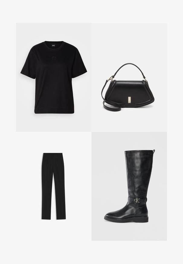 Black cotton t-shirt with a crew neckline, short sleeves, and an embroidered logo on the chest. Simple, relaxed fit with no patterns.; Black tailored trousers with a straight-leg design, featuring front pockets and a smooth, textured fabric. Neat, minimal detailing.; Black leather knee-high boot with low heel, round toe, and metallic "CK" logo buckle strap around the ankle.; Black leather handbag with a structured design, featuring a cropped shape, top handle, and gold hardware accent. Adjustable shoulder strap included.
