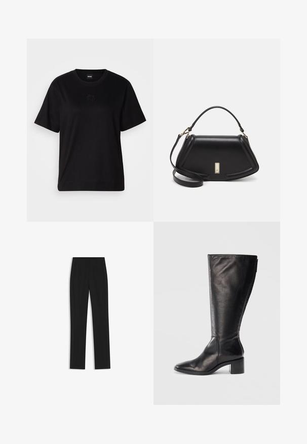 Black cotton t-shirt with a crew neckline, short sleeves, and an embroidered logo on the chest. Simple, relaxed fit with no patterns.; Black tailored trousers with a straight-leg design, featuring front pockets and a smooth, textured fabric. Neat, minimal detailing.; Black leather knee-high boot with a square toe, block heel, and sleek design. Smooth texture with a side zip for easy wear.; Black leather handbag with a structured design, featuring a cropped shape, top handle, and gold hardware accent. Adjustable shoulder strap included.