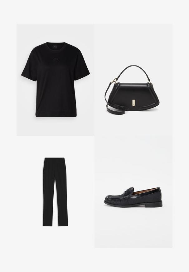 Black cotton t-shirt with a crew neckline, short sleeves, and an embroidered logo on the chest. Simple, relaxed fit with no patterns.; Black tailored trousers with a straight-leg design, featuring front pockets and a smooth, textured fabric. Neat, minimal detailing.; Black slip-on loafers made of textured fabric with a glossy leather accent and subtle stitching details, featuring a low rubber heel.; Black leather handbag with a structured design, featuring a cropped shape, top handle, and gold hardware accent. Adjustable shoulder strap included.