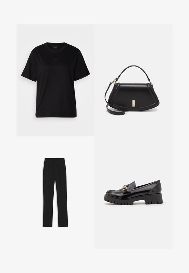 Black cotton t-shirt with a crew neckline, short sleeves, and an embroidered logo on the chest. Simple, relaxed fit with no patterns.; Black tailored trousers with a straight-leg design, featuring front pockets and a smooth, textured fabric. Neat, minimal detailing.; Black patent leather loafers with a thick, serrated black sole and a gold hardware accent on the front. Smooth texture, classic design.; Black leather handbag with a structured design, featuring a cropped shape, top handle, and gold hardware accent. Adjustable shoulder strap included.