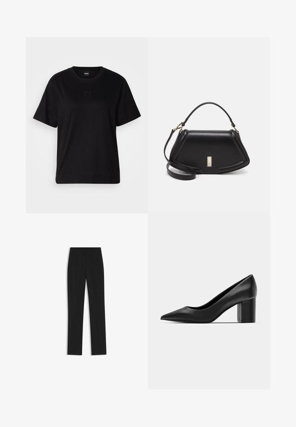 Black cotton t-shirt with a crew neckline, short sleeves, and an embroidered logo on the chest. Simple, relaxed fit with no patterns.; Black tailored trousers with a straight-leg design, featuring front pockets and a smooth, textured fabric. Neat, minimal detailing.; Black leather pump with a pointed toe and a chunky square heel. Smooth texture, simple design, suitable for formal settings.; Black leather handbag with a structured design, featuring a cropped shape, top handle, and gold hardware accent. Adjustable shoulder strap included.