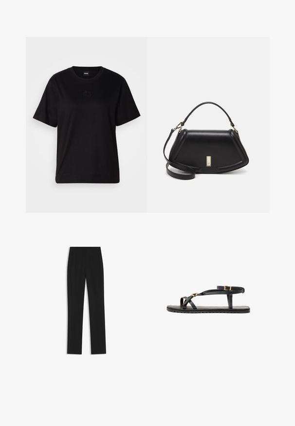 Czarny bawełniany t-shirt z okrągłym dekoltem, krótkimi rękawami i haftowanym logo na piersi. Prosty, luźny krój bez wzorów.; Czarne spodnie o dopasowanym kroju z prostymi nogawkami, z przednimi kieszeniami i gładką, teksturowaną tkaniną. Schludne, minimalistyczne wykończenie.; Czarne skórzane sandały z cienkimi paskami i zapięciem na kostce. Płaska podeszwa o teksturowanym wykończeniu i ząbkowanej krawędzi. Minimalistyczny design.; Czarna skórzana torebka o strukturalnym designie, z przyciętą formą, górnym uchwytem i złotymi akcentami. W zestawie regulowany pasek na ramię.