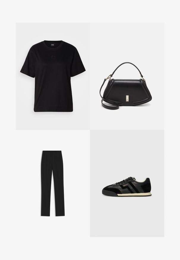 Musta puuvillapaita, jossa on pyöreä kaula-aukko, lyhyet hihat ja brodeerattu logo rinnassa. Yksinkertainen, rento istuvuus ilman kuvioita.; Mustat räätälöidyt housut suoran lahkeen designilla, joissa on etutaskut ja sileä, teksturoitu kangas. Siistit, minimalistiset yksityiskohdat.; GANT BEYLANA - Matalavartiset tennarit - black; Mustalla nahkalaukulla, jossa on jämäkkä muotoilu, lyhyt malli, yläkahva ja kultaiset yksityiskohdat. Säädettävä olkahihna sisältyy.